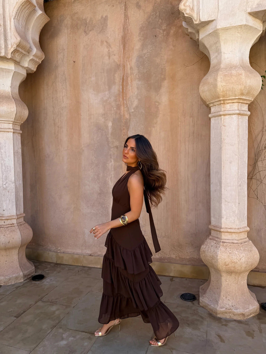 Cacao — Vestido Maxi de Fiesta con Volantes | Luna Ferrer - Luna Ferrer