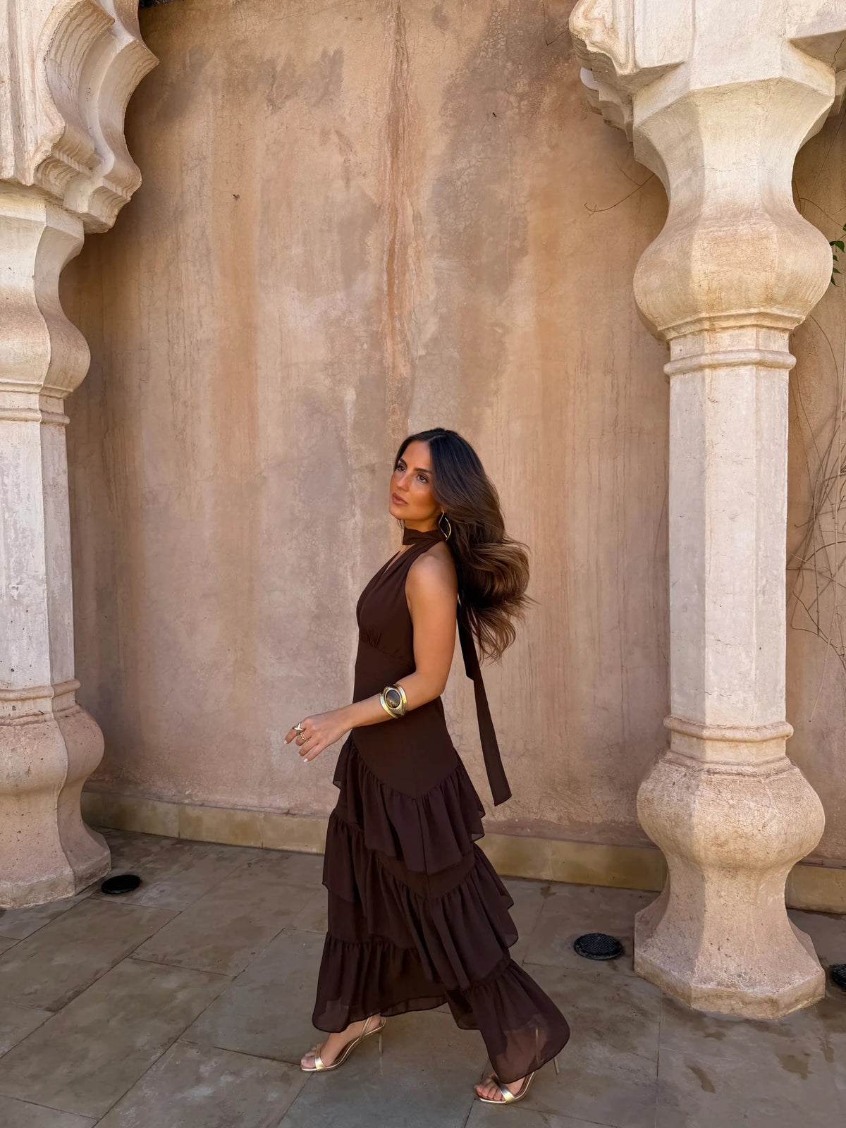 Cacao — Vestido Maxi de Fiesta con Volantes | Luna Ferrer - Luna Ferrer
