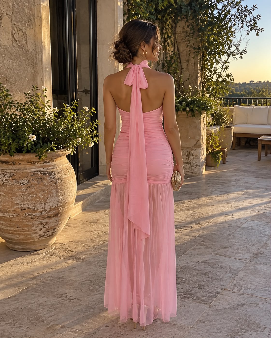 Rosé — Vestido Maxi Rosa de Fiesta con Tul Fruncido | Luna Ferrer - Luna Ferrer
