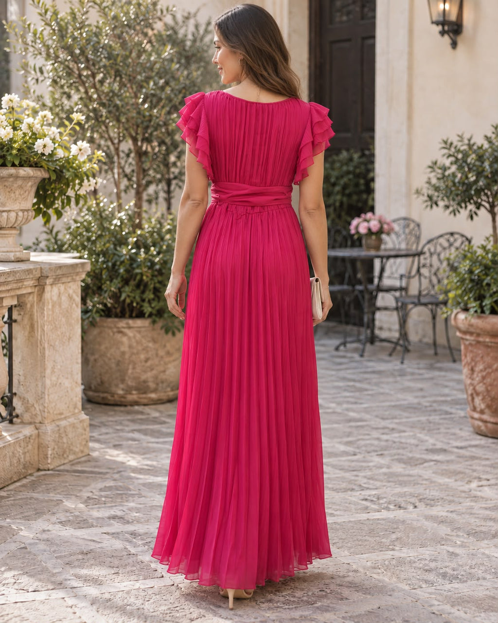 Capri — Vestido Maxi de Gasa Plisada con Mangas Volante y Cinturón | Luna Ferrer - Luna Ferrer